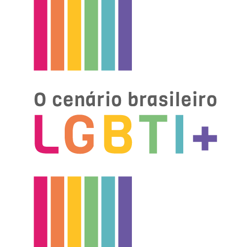 Capa da pesquisa da Mais “O cenário brasileiro LGBTI+”, com fundo branco e detalhes em faixas e no título nas cores da bandeira LGBTQIA+.