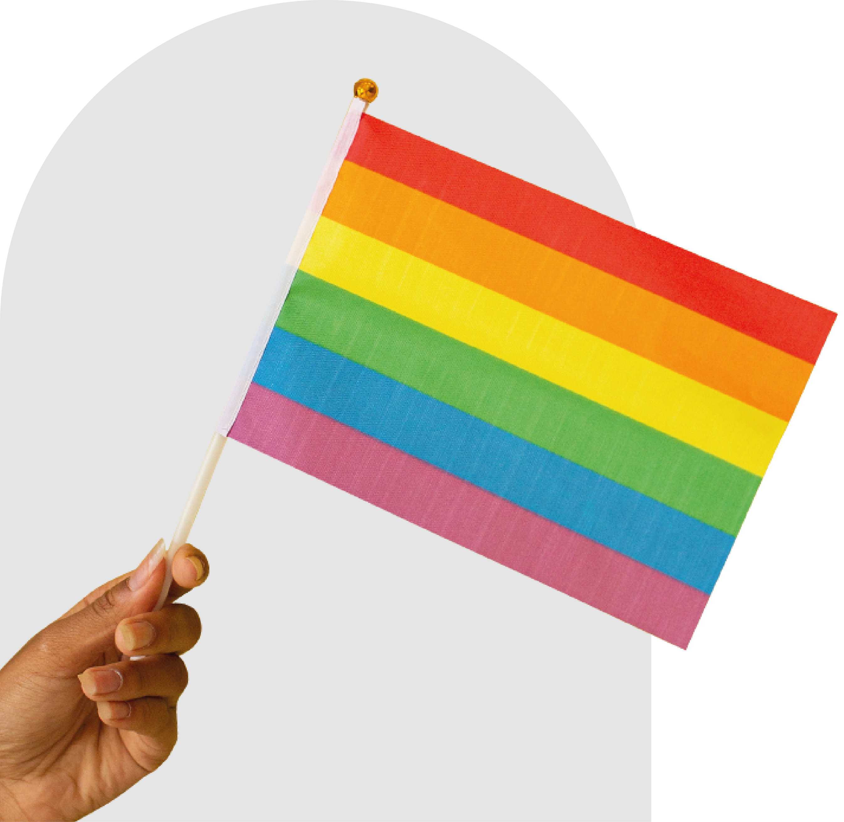 Foto de uma mão segurando a bandeira LGBTQIA+.